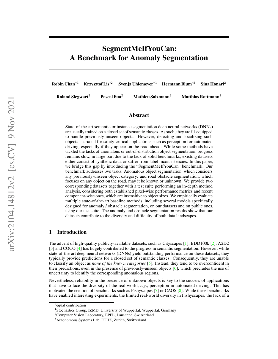 First page of “SegmentMeIfYouCan: A Benchmark for Anomaly Segmentation”