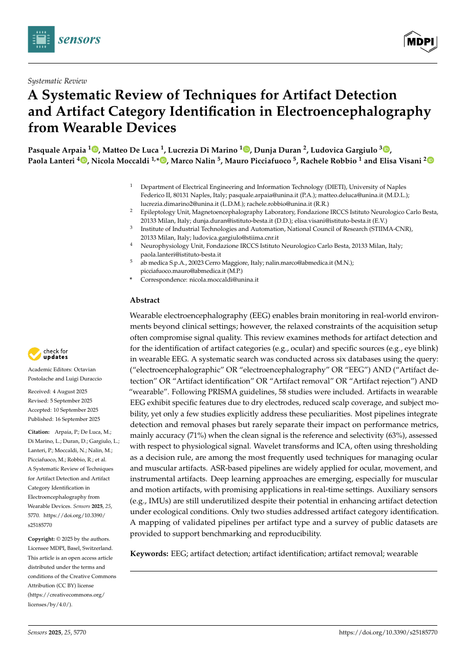 First page of “A Systematic Review of Techniques for Artifact Detection and Artifact Category Identification in Electroencephalography from Wearable Devices”