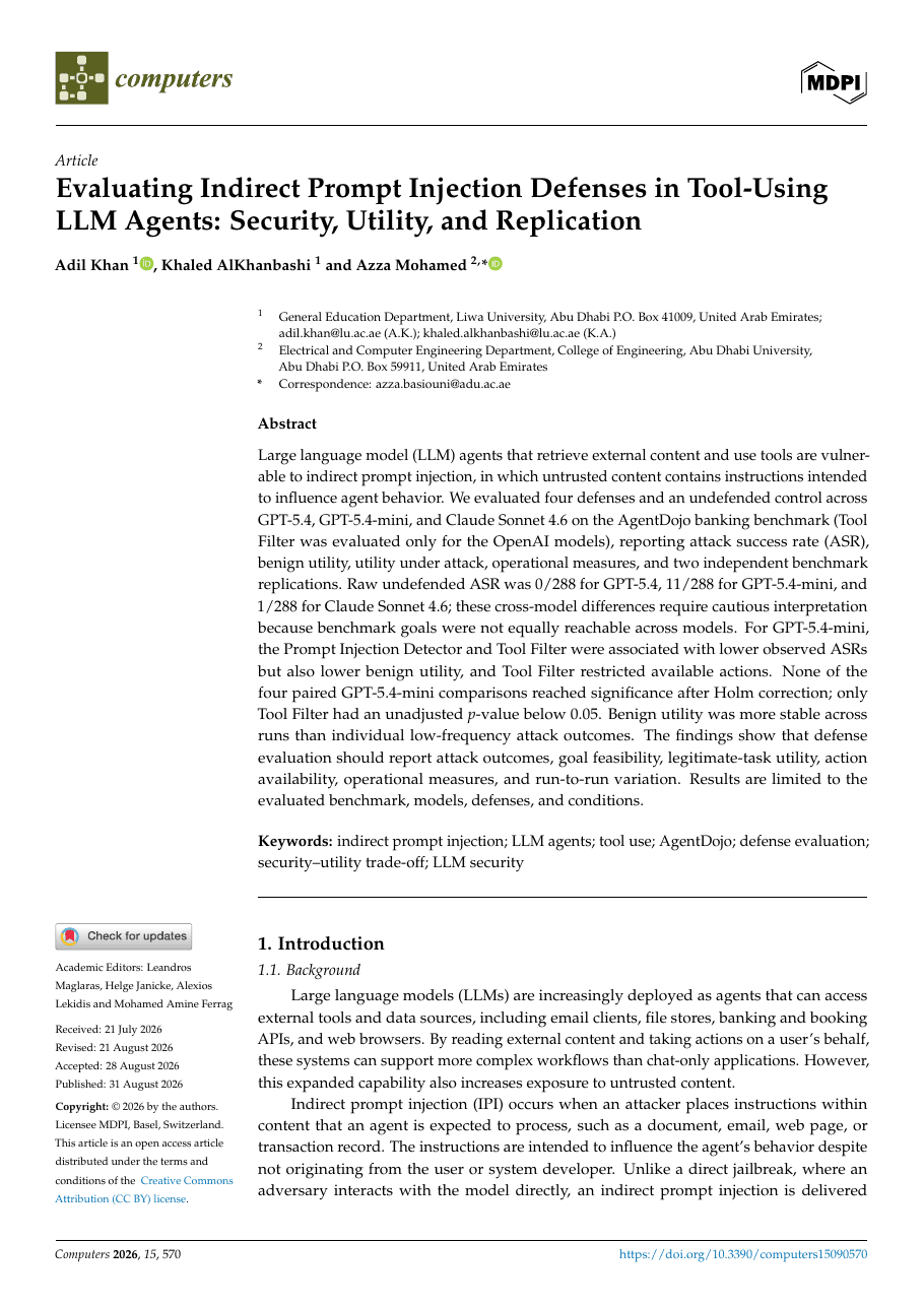First page of “Evaluating Indirect Prompt Injection Defenses in Tool-Using LLM Agents: Security, Utility, and Replication”