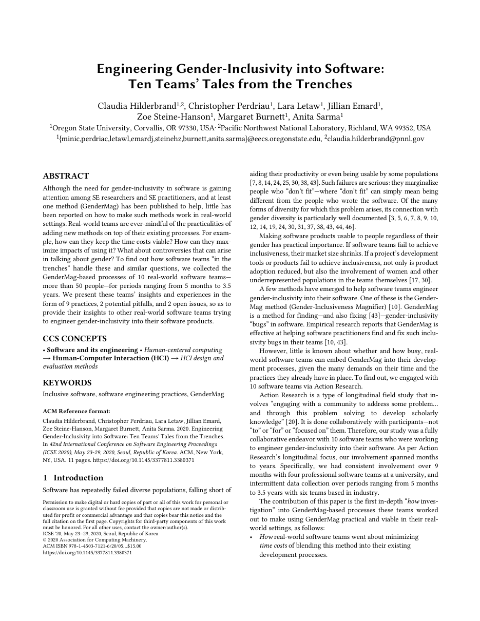 First page of “Engineering Gender-Inclusivity into Software: Ten Teams’ Tales from the Trenches”