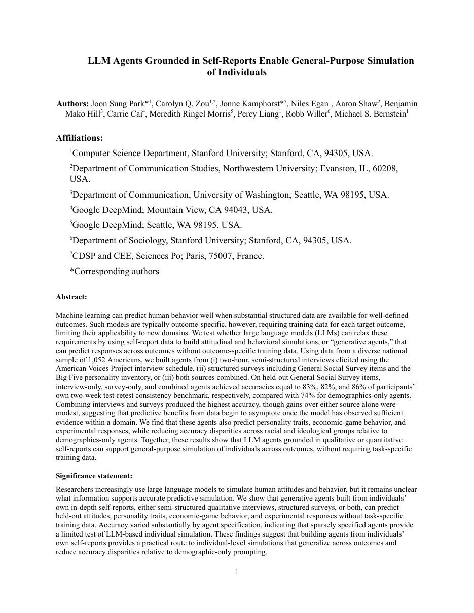 First page of “LLM Agents Grounded in Self-Reports Enable General-Purpose Simulation of Individuals”
