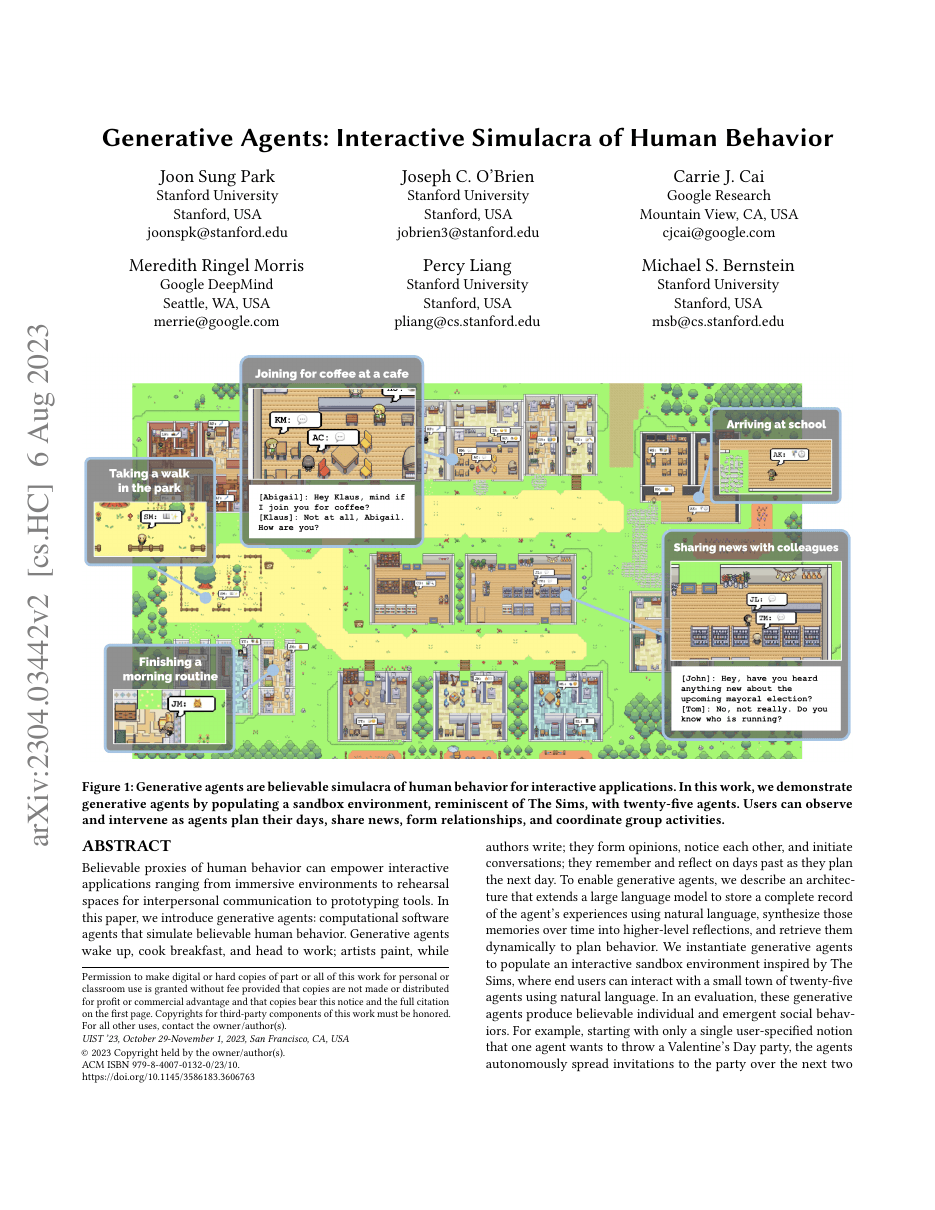 First page of “Generative Agents: Interactive Simulacra of Human Behavior”