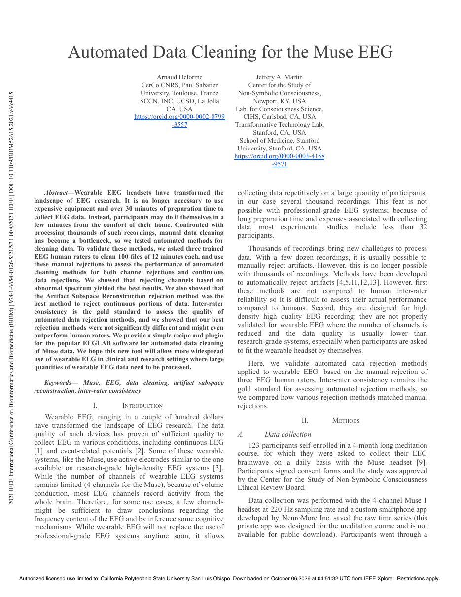 First page of “Automated Data Cleaning for the Muse EEG”