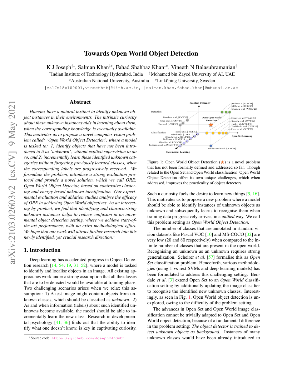 First page of “Towards Open World Object Detection”