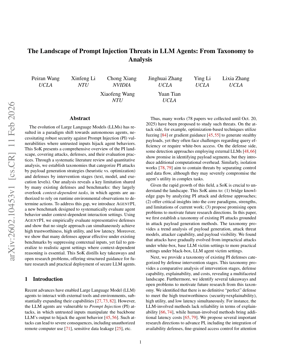 First page of “The Landscape of Prompt Injection Threats in LLM Agents: From Taxonomy to Analysis”