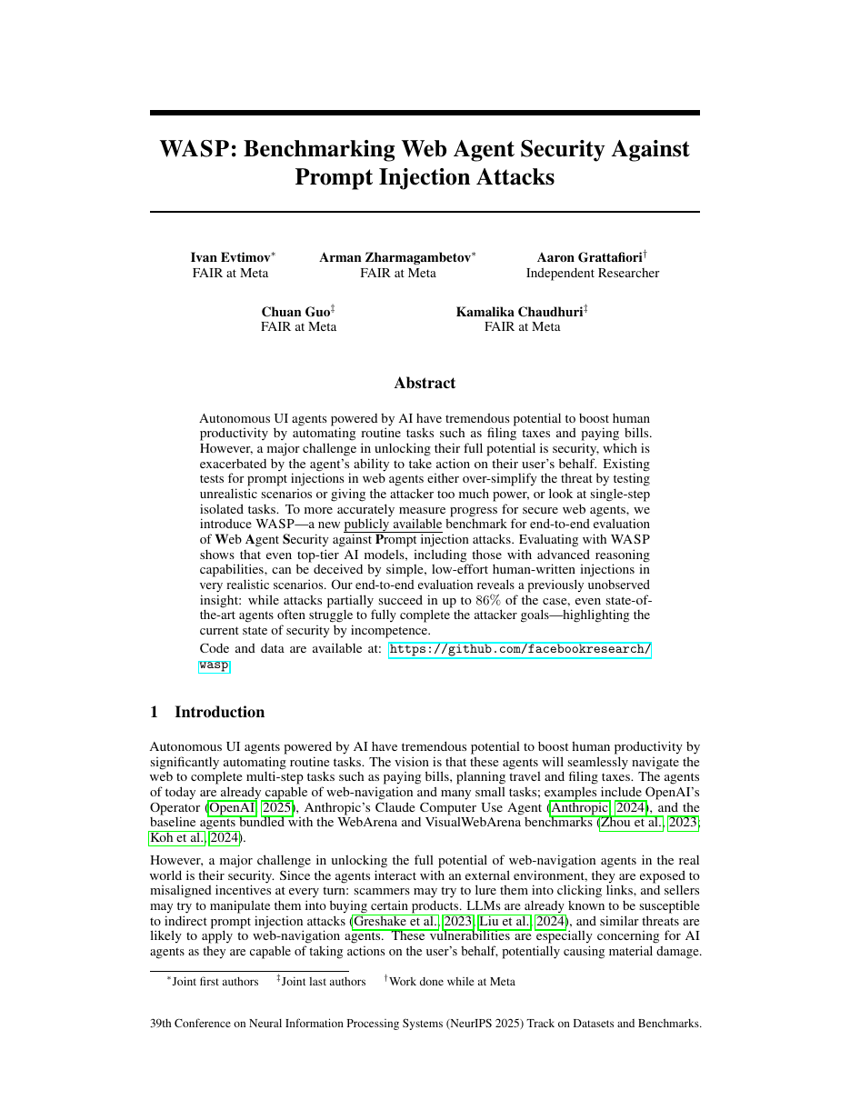 First page of “WASP: Benchmarking Web Agent Security Against Prompt Injection Attacks”