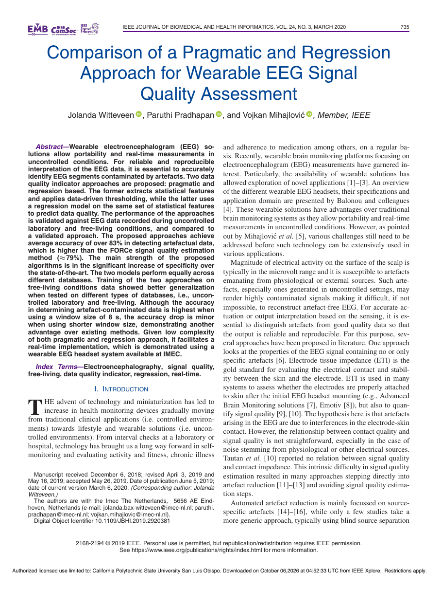 First page of “Comparison of a Pragmatic and Regression Approach for Wearable EEG Signal Quality Assessment”